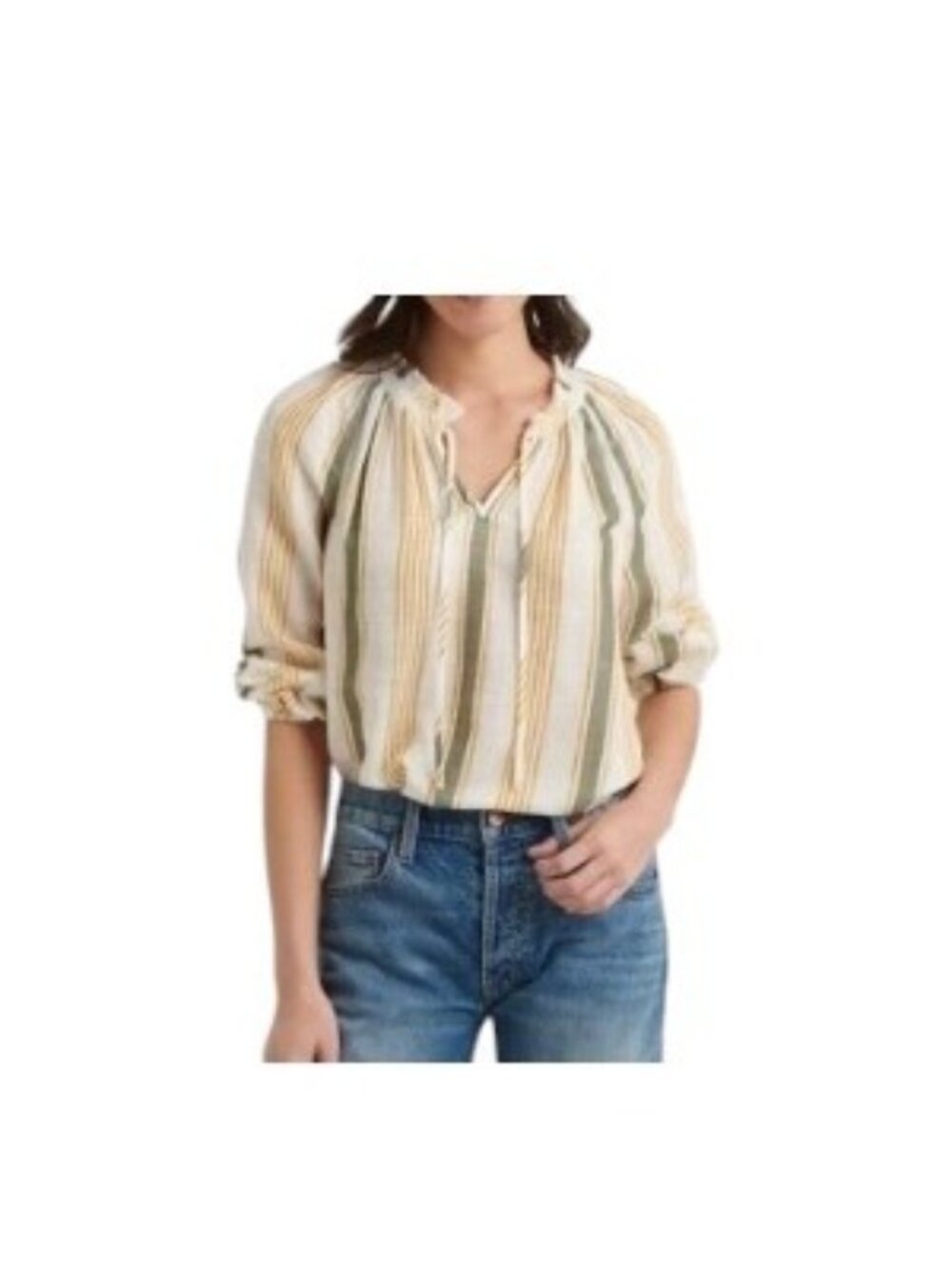 Lucky Brand Striped Peasant Top Cream Size L Boho Coastal Modal Spring Vacation
